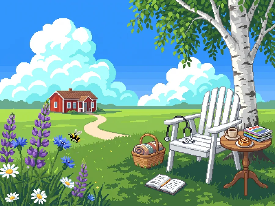 Pixelkonst: en vit trästol under en björk på en sommaräng, med kaffe, kanelbulle, tidningar och ett stetoskop. I bakgrunden en röd vårdcentral.