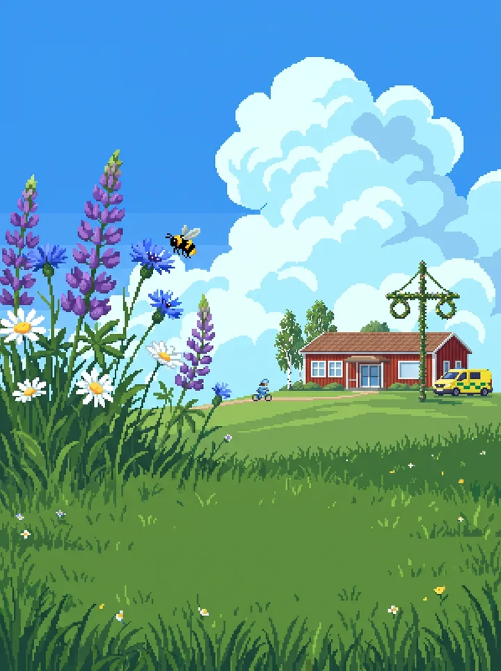 Pixelkonst: en midsommaräng med lupiner, blåklint och en midsommarstång framför en röd vårdcentral med en ambulans, där en sjuksköterska cyklar förbi och en humla surrar.