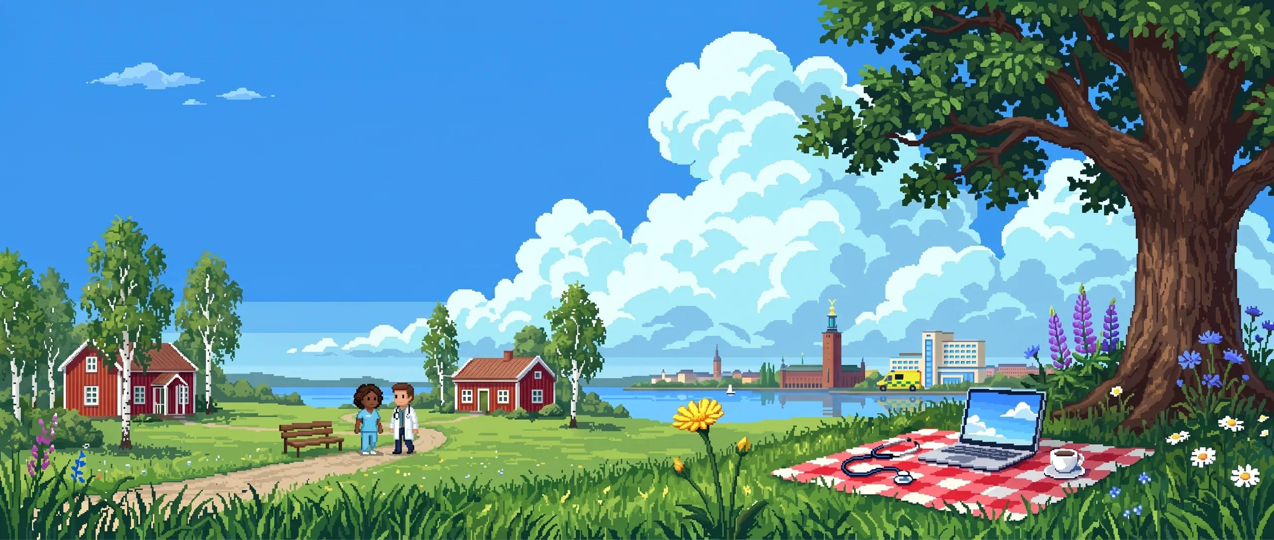 Pixelkonst av en svensk sommardag: en sjuksköterska och en läkare promenerar mot sjön, röda stugor och björkar, Stockholms stadshus och ett sjukhus på andra sidan vattnet. I förgrunden en laptop och ett stetoskop på en picknickfilt.