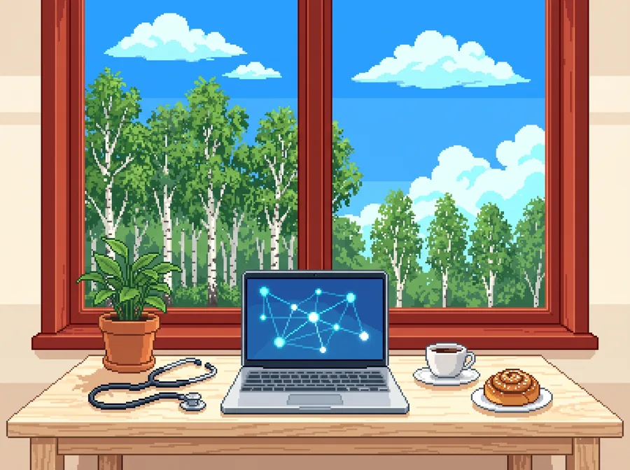 Pixelkonst: ett ljust skrivbord vid ett fönster med björkar utanför, en laptop som visar ett nätverk, ett stetoskop och en fikakopp.