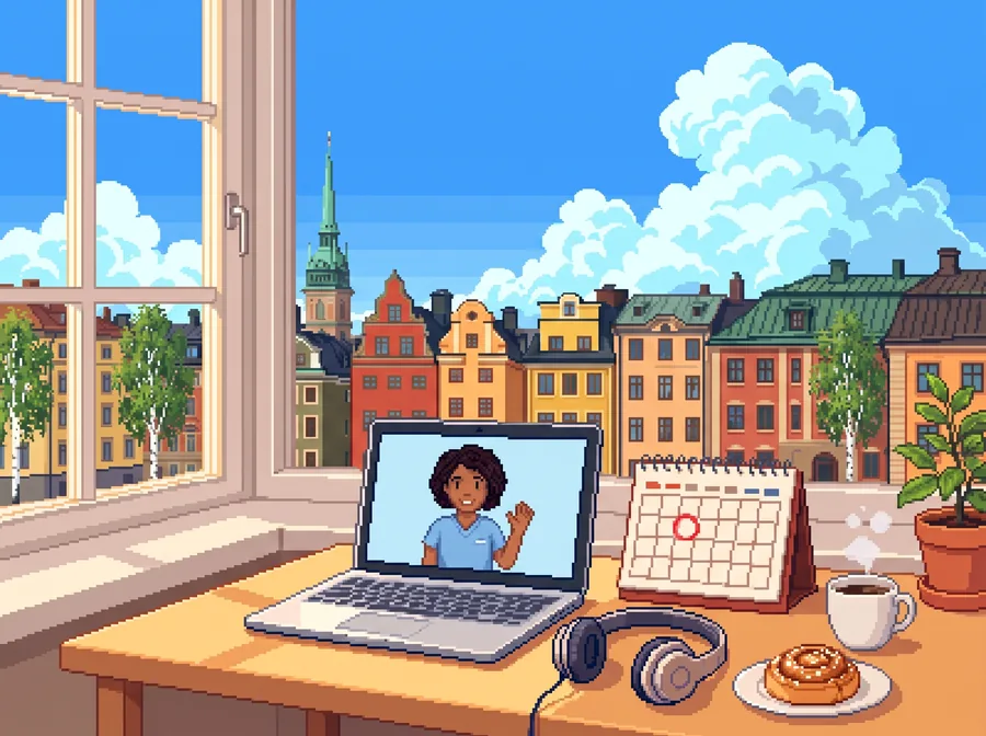 Pixelkonst: en laptop med ett videosamtal där en person vinkar, en kalender, hörlurar och en fikakopp.