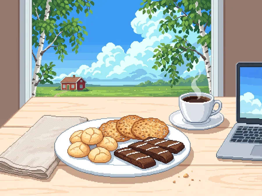 Pixelkonst: ett fikabord med ett fat svenska kakor, en kaffekopp och en laptop.