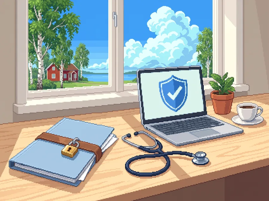 Pixelkonst: en låst journalmapp bredvid ett stetoskop och en laptop som visar en sköld med en bock.