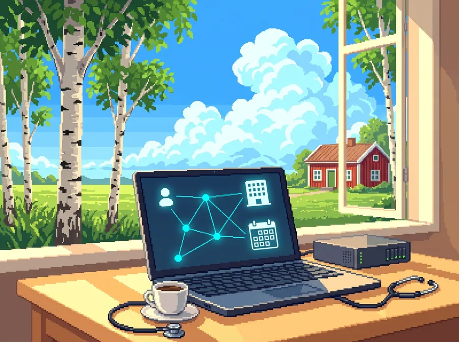 Pixelkonst: en laptop som visar ett nätverk som kopplar ihop vårdpersonal, sjukhus och kalender, bredvid ett stetoskop.