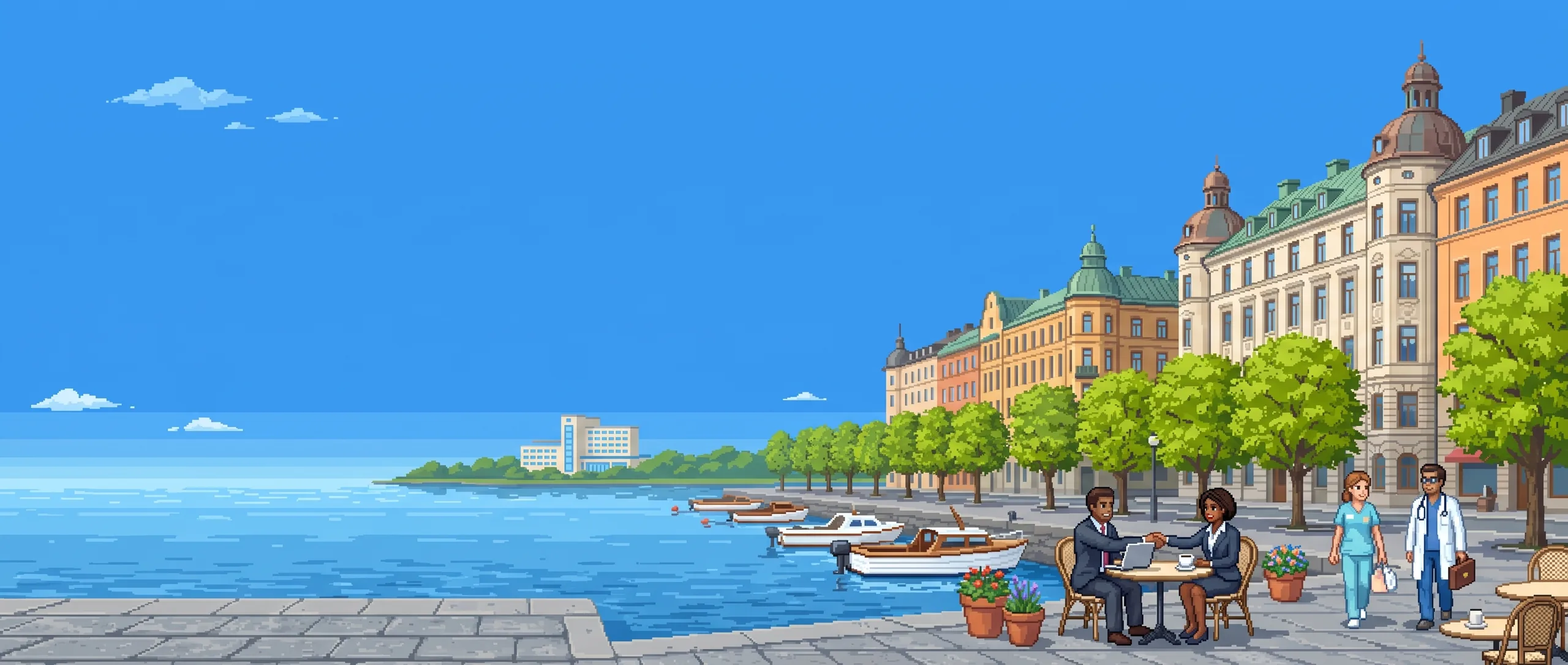 Pixelkonst: Stockholms kajer en sommardag där två samarbetspartners skakar hand vid ett kafébord med laptops och vårdpersonal promenerar förbi.