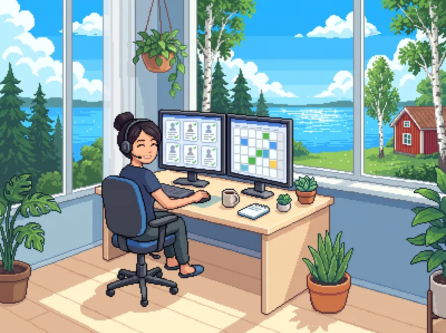 Pixelkonst: en konsultchef med headset vid ett skrivbord med två skärmar som visar kandidatprofiler och en kalender.