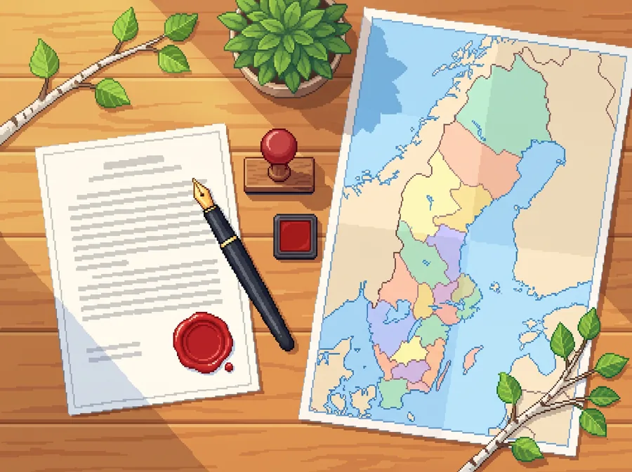 Pixelkonst: ett avtal med lacksigill och reservoarpenna bredvid en karta över Sveriges regioner.