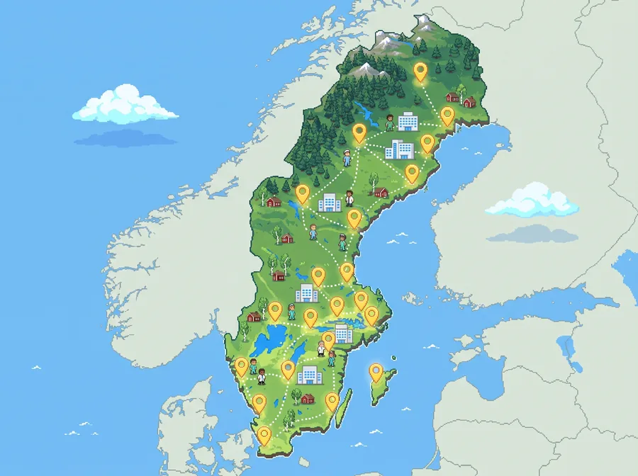 Pixelkonst: en karta över Sverige där orter är sammankopplade med sjukhus via prickade linjer.