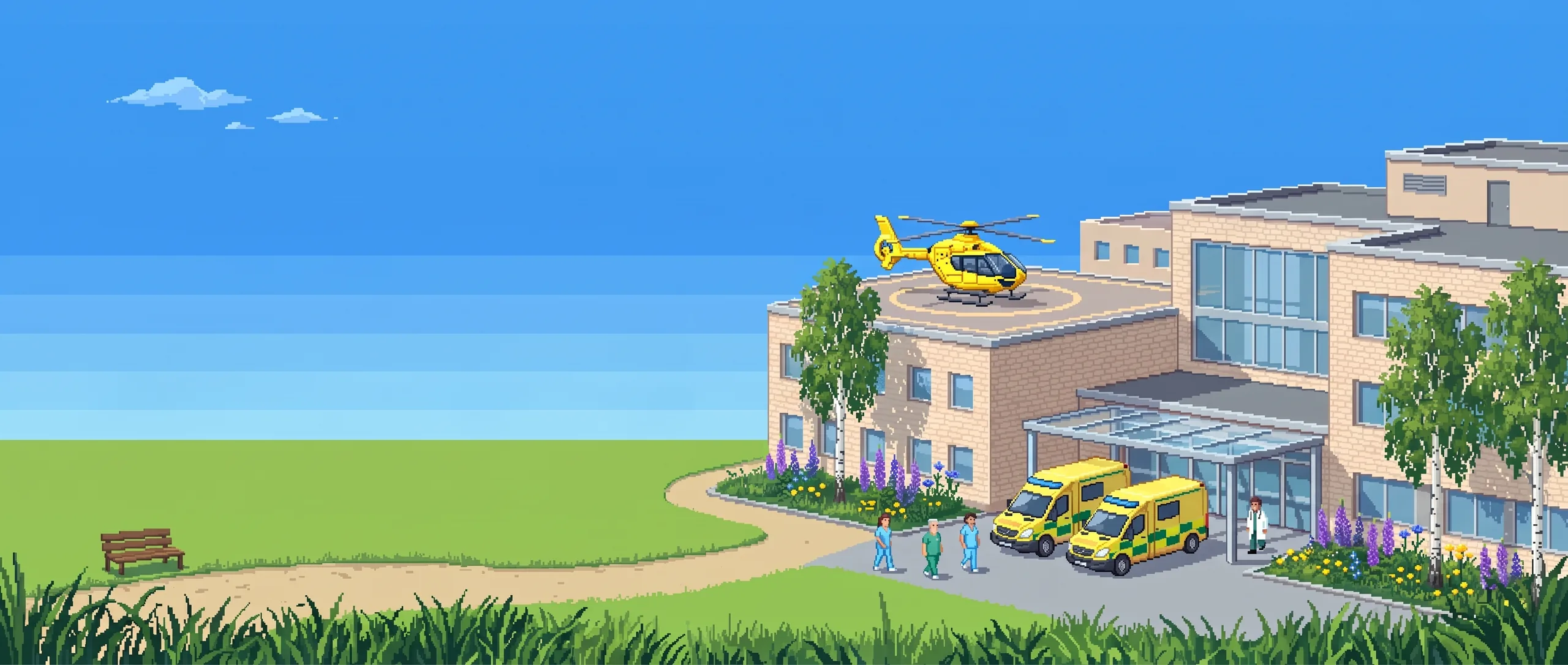Pixelkonst: ett modernt svenskt sjukhusområde en sommardag med ambulanser vid akutintaget, en ambulanshelikopter och personal på väg in.