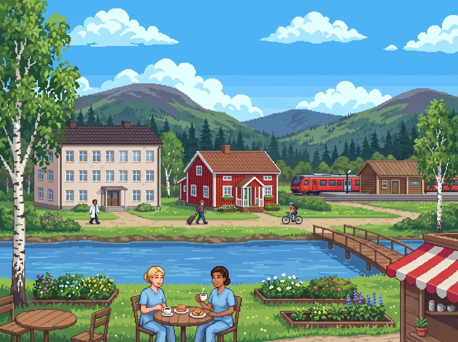 Pixelkonst: en liten norrländsk ort med sjukhus, gästhus, tågstation och ett kafé där två sjuksköterskor fikar.