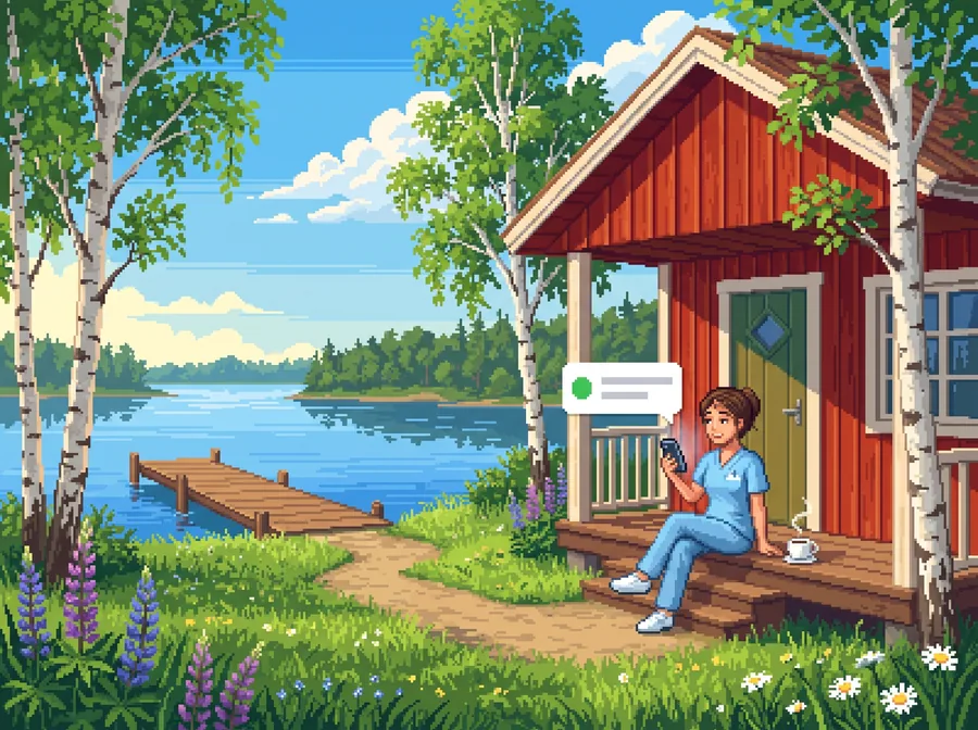 Pixelkonst: en sjuksköterska på en stugveranda vid sjön läser en notis om ett nytt uppdrag i mobilen.