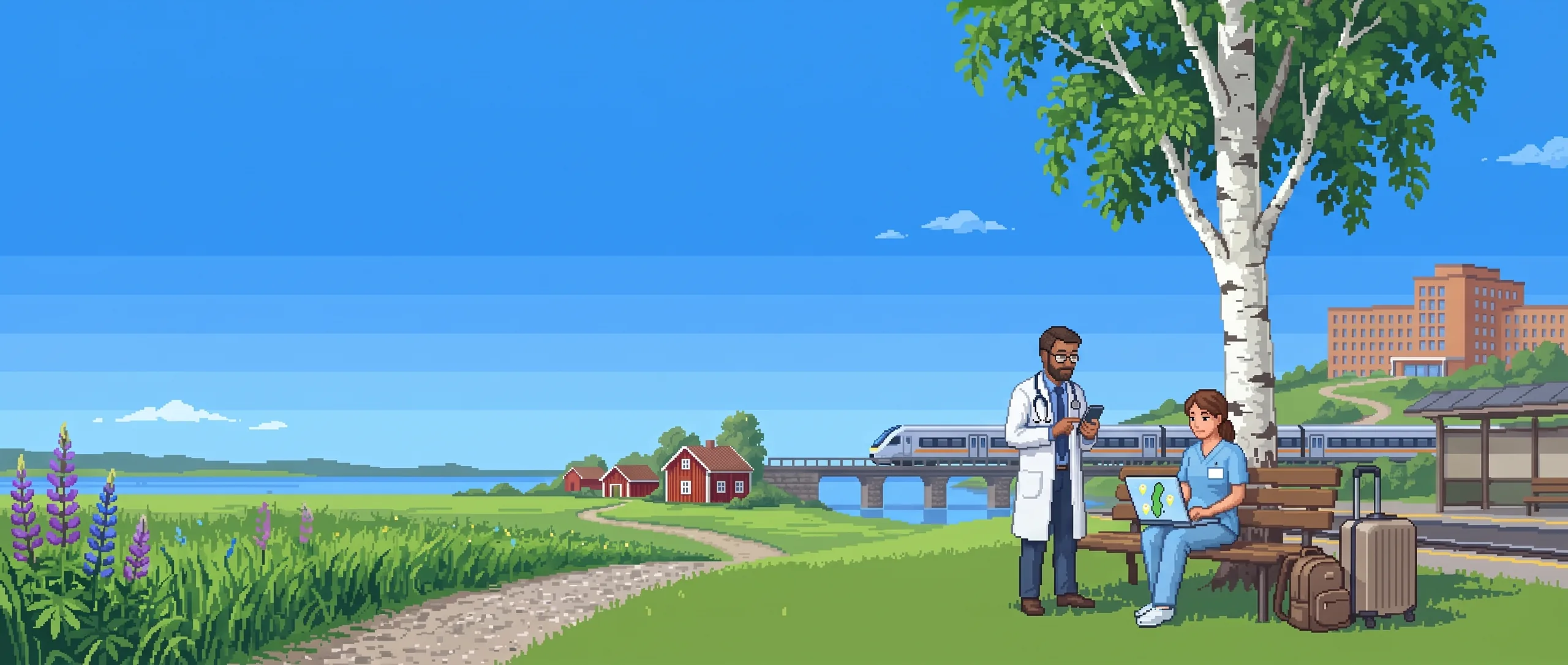 Pixelkonst: en sjuksköterska med laptop och resväska och en läkare vid en perrong i en svensk sjöstad, med ett tåg på bron och ett sjukhus på kullen – redo för nästa uppdrag.